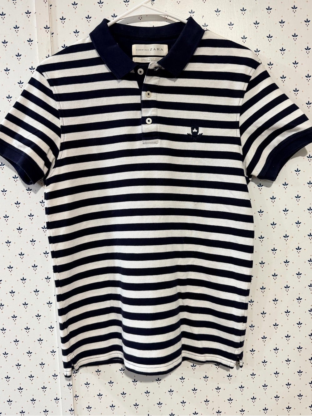 Zara Essentials Navy Blue White Striped Crown Embroidered Polo Shirt Men's M